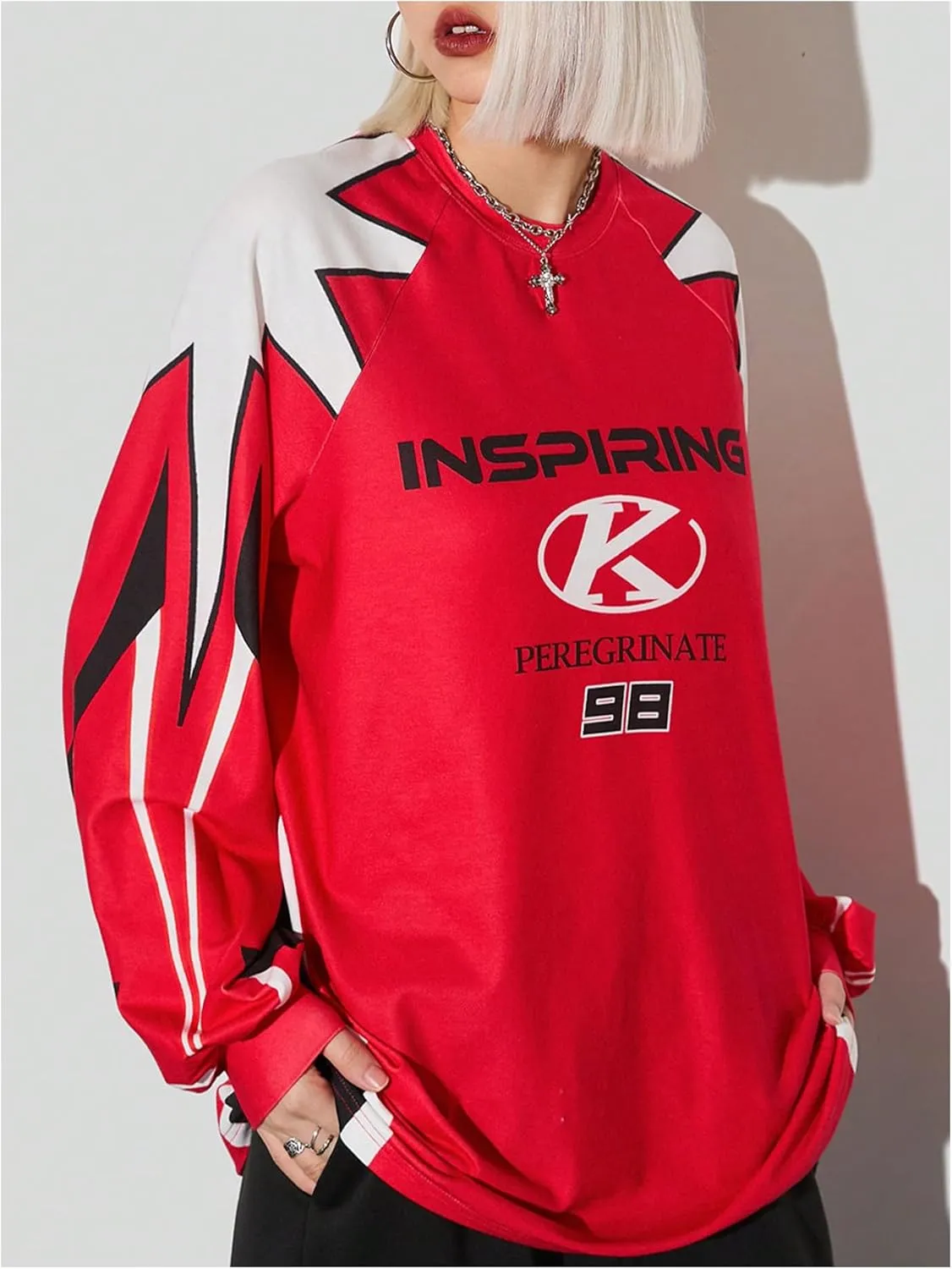 WDIRARA Women's Baggy Jersey Shirts Y2k Oversized Letter Graphic Tees Crewneck Long Sleeve T Shirt Tops