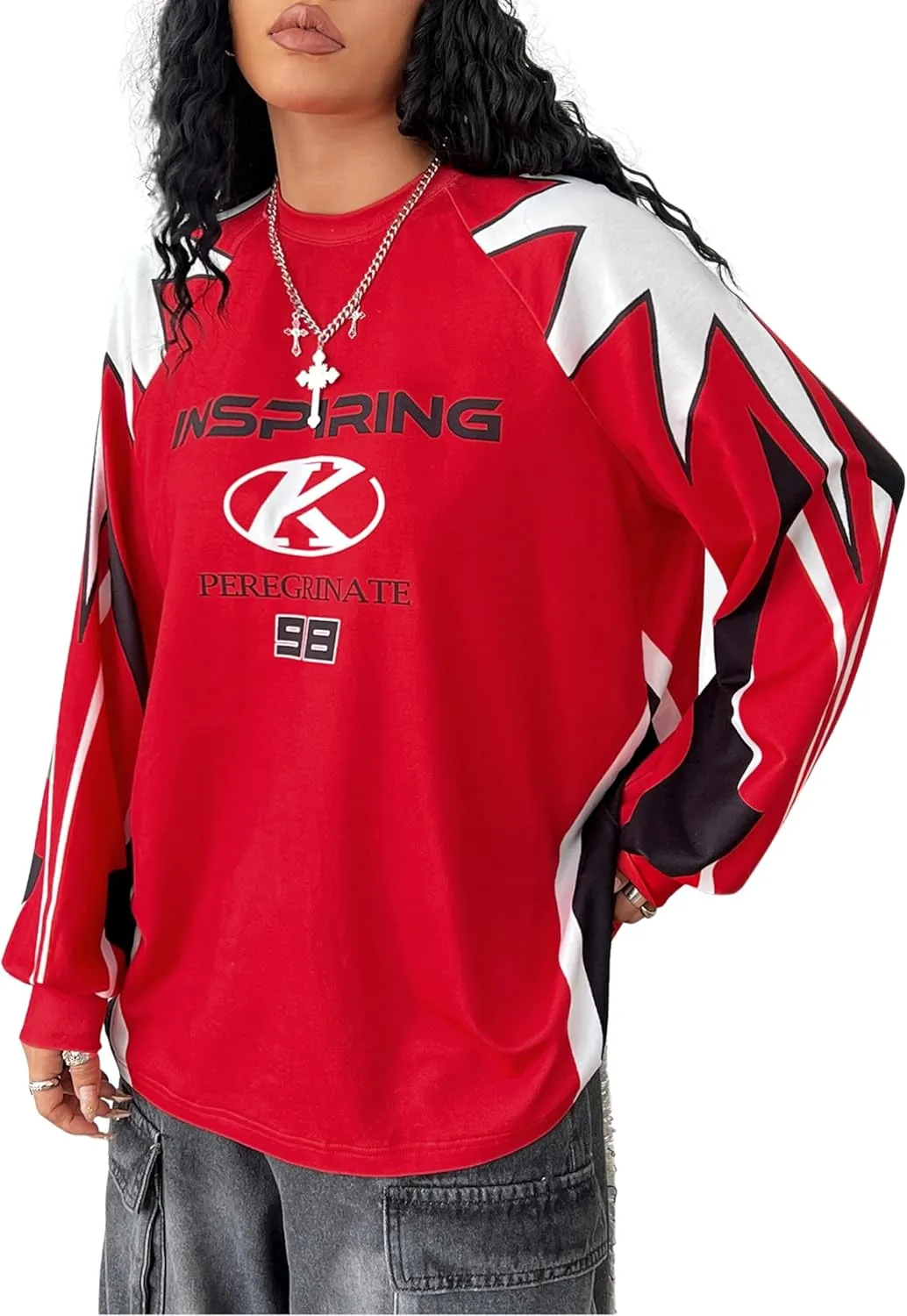 WDIRARA Women's Baggy Jersey Shirts Y2k Oversized Letter Graphic Tees Crewneck Long Sleeve T Shirt Tops