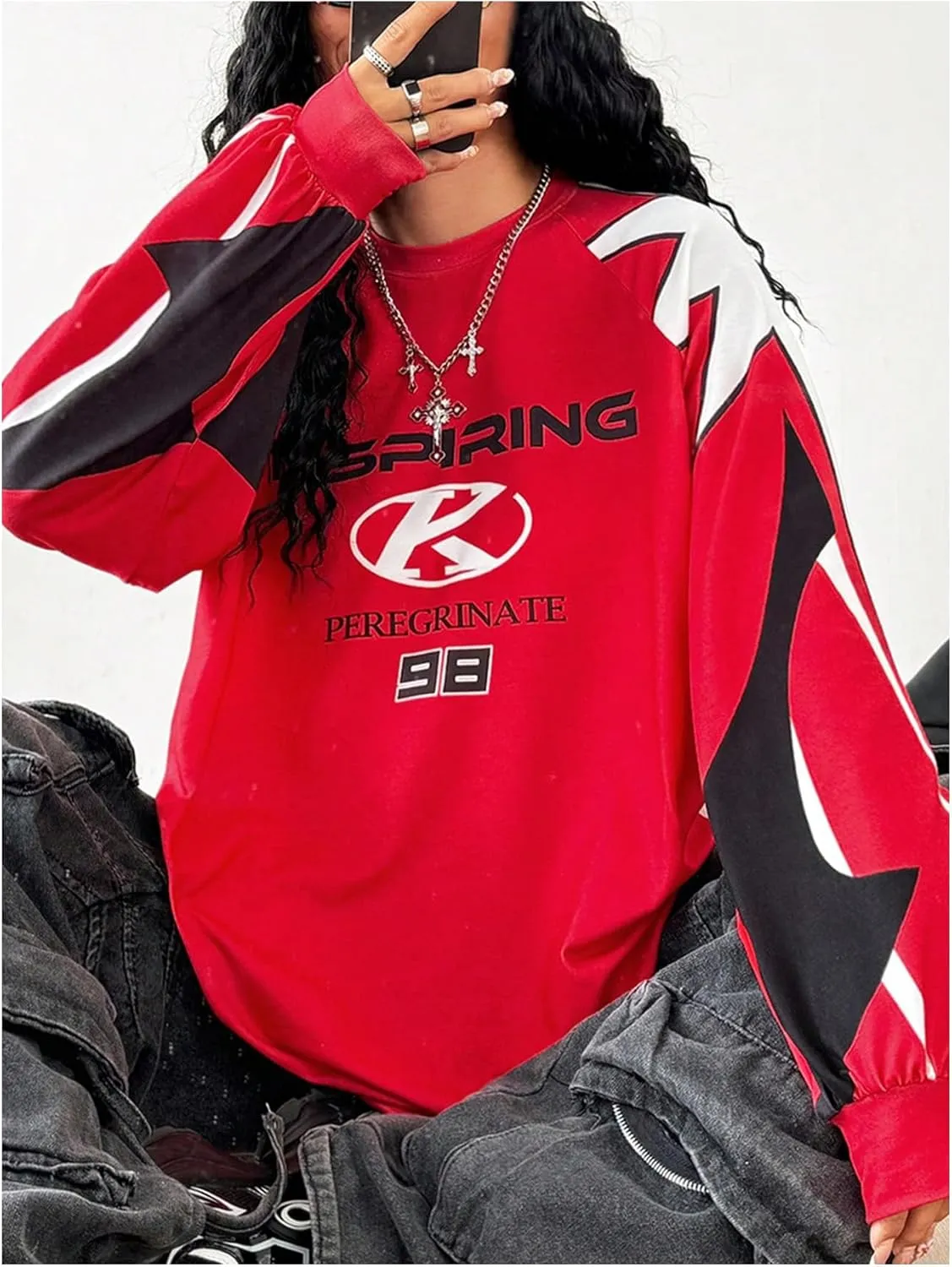 WDIRARA Women's Baggy Jersey Shirts Y2k Oversized Letter Graphic Tees Crewneck Long Sleeve T Shirt Tops