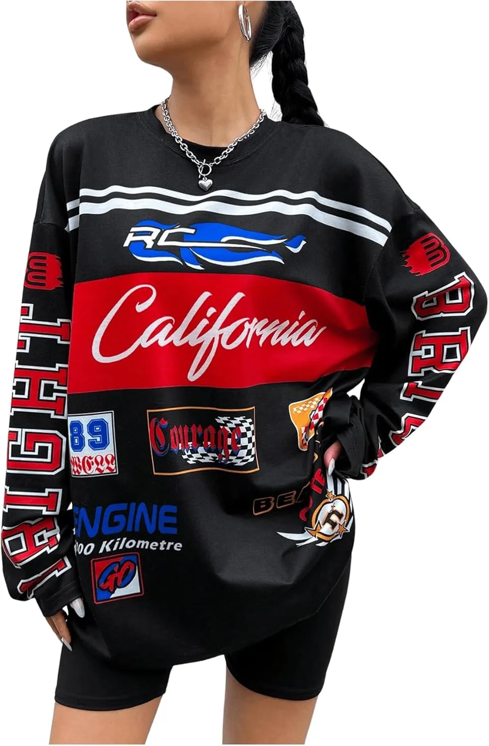 WDIRARA Women's Graphic Long Sleeve Jersey T Shirts Oversized Y2k Racing Print Streetwear Tee Tops