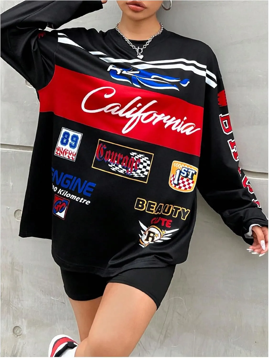 WDIRARA Women's Graphic Long Sleeve Jersey T Shirts Oversized Y2k Racing Print Streetwear Tee Tops