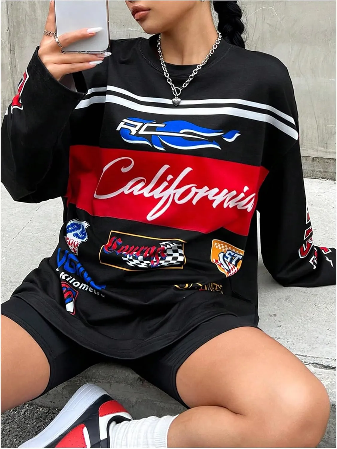 WDIRARA Women's Graphic Long Sleeve Jersey T Shirts Oversized Y2k Racing Print Streetwear Tee Tops