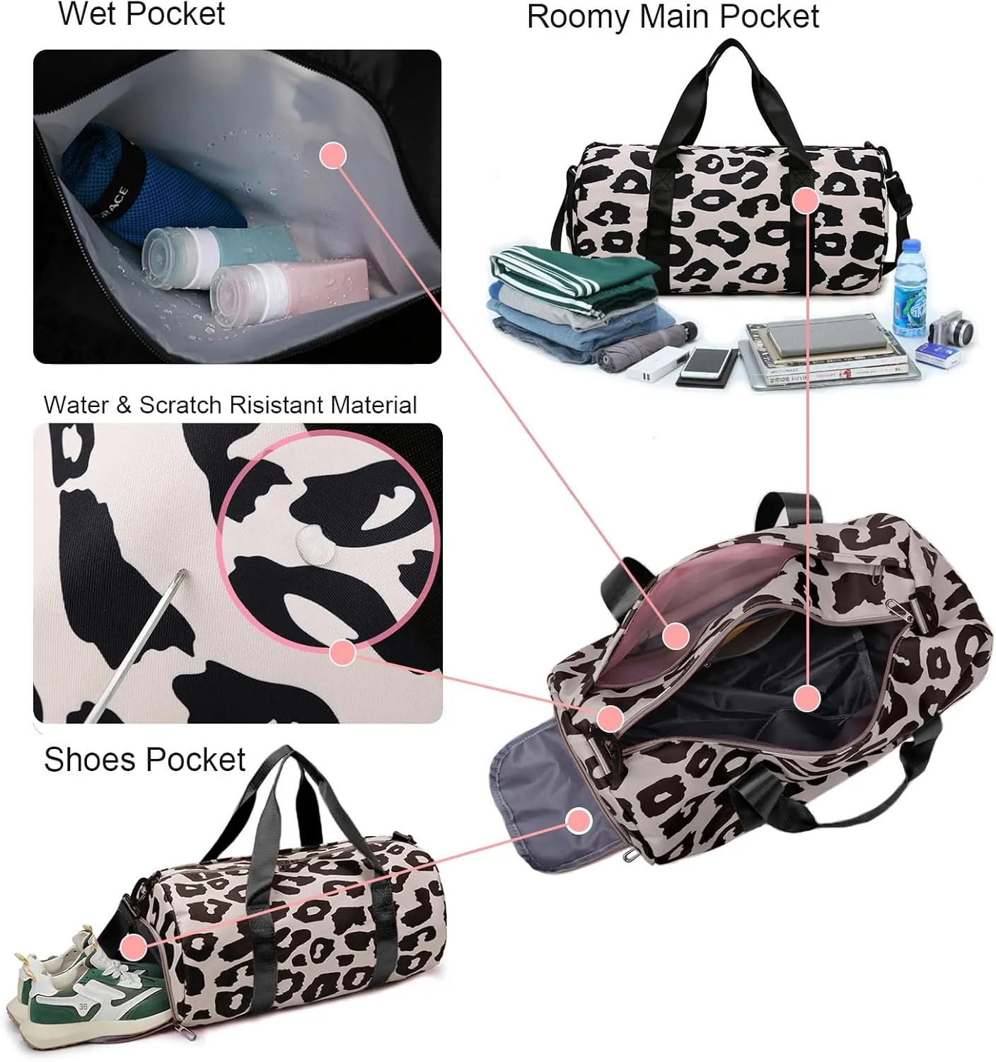 Weekender Duffel Sport Gym Bag Overnight Travel duffle Bags with Shoe Compartment Wet Pocket GB2301A Cowprint Pink (Color : A1-Black)