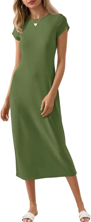 Wenrine Women's Short Sleeve T-Shirt Dress Summer Crew Neck Basic Solid Casual Long Midi Dresses
