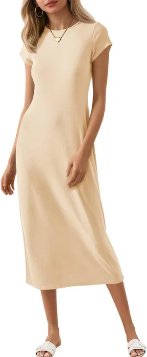 Wenrine Women's Short Sleeve T-Shirt Dress Summer Crew Neck Basic Solid Casual Long Midi Dresses