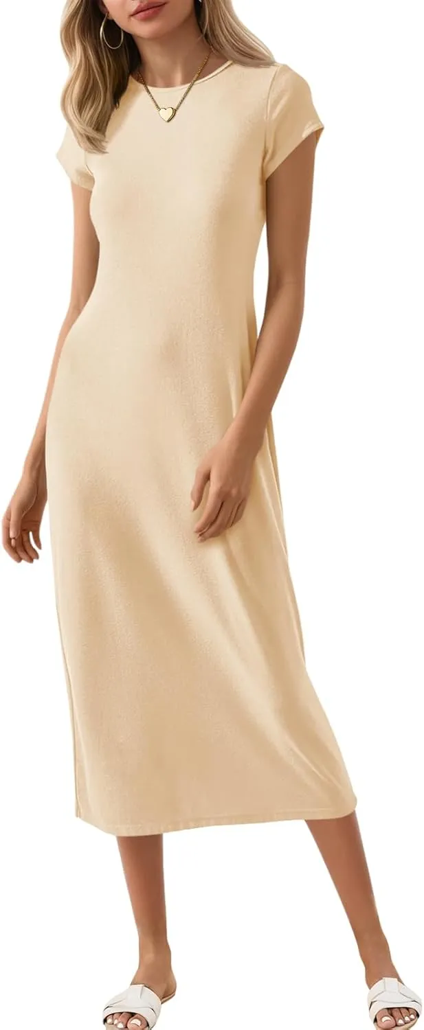 Wenrine Women's Short Sleeve T-Shirt Dress Summer Crew Neck Basic Solid Casual Long Midi Dresses