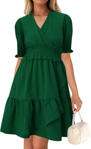 Wkior Women's Casual Shirt Dress Tiered Ruffle Sleeve Swing Shift Summer Mini Dresses