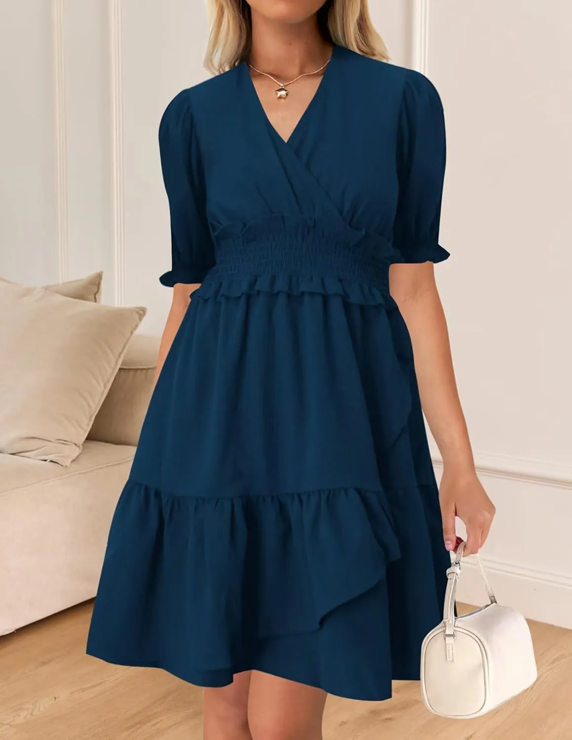 Wkior Women's Casual Shirt Dress Tiered Ruffle Sleeve Swing Shift Summer Mini Dresses