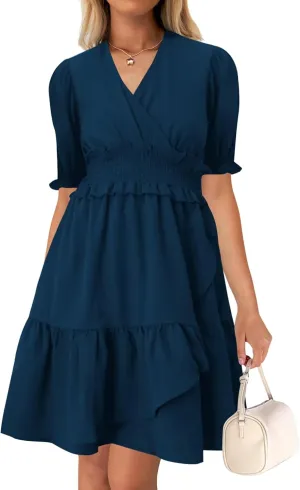 Wkior Women's Casual Shirt Dress Tiered Ruffle Sleeve Swing Shift Summer Mini Dresses