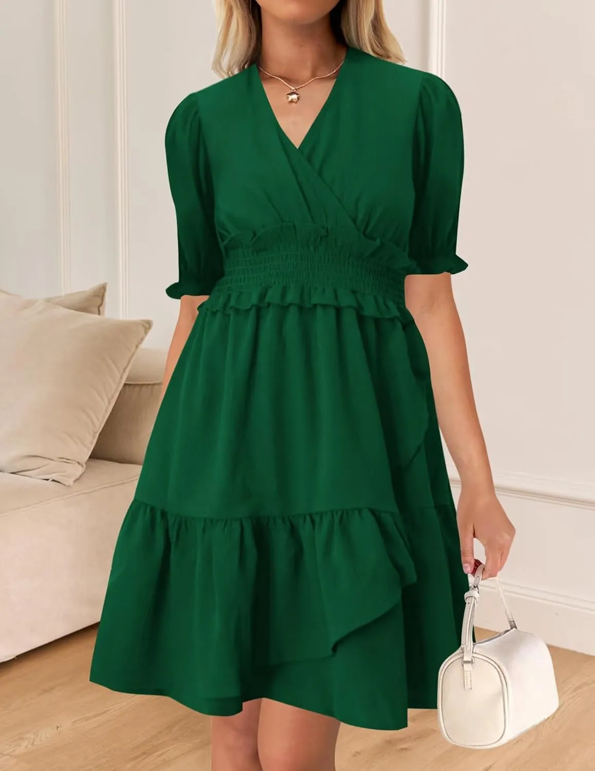 Wkior Women's Casual Shirt Dress Tiered Ruffle Sleeve Swing Shift Summer Mini Dresses