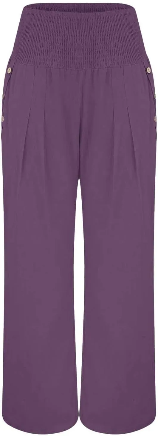 Women Beach Linen Pant Trendy Wide Leg Hawaiian Joggers Boho Flowy Trouser Office Work Relax Fit Palazzo Casual Pants
