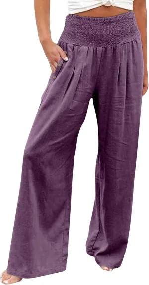 Women Beach Linen Pant Trendy Wide Leg Hawaiian Joggers Boho Flowy Trouser Office Work Relax Fit Palazzo Casual Pants
