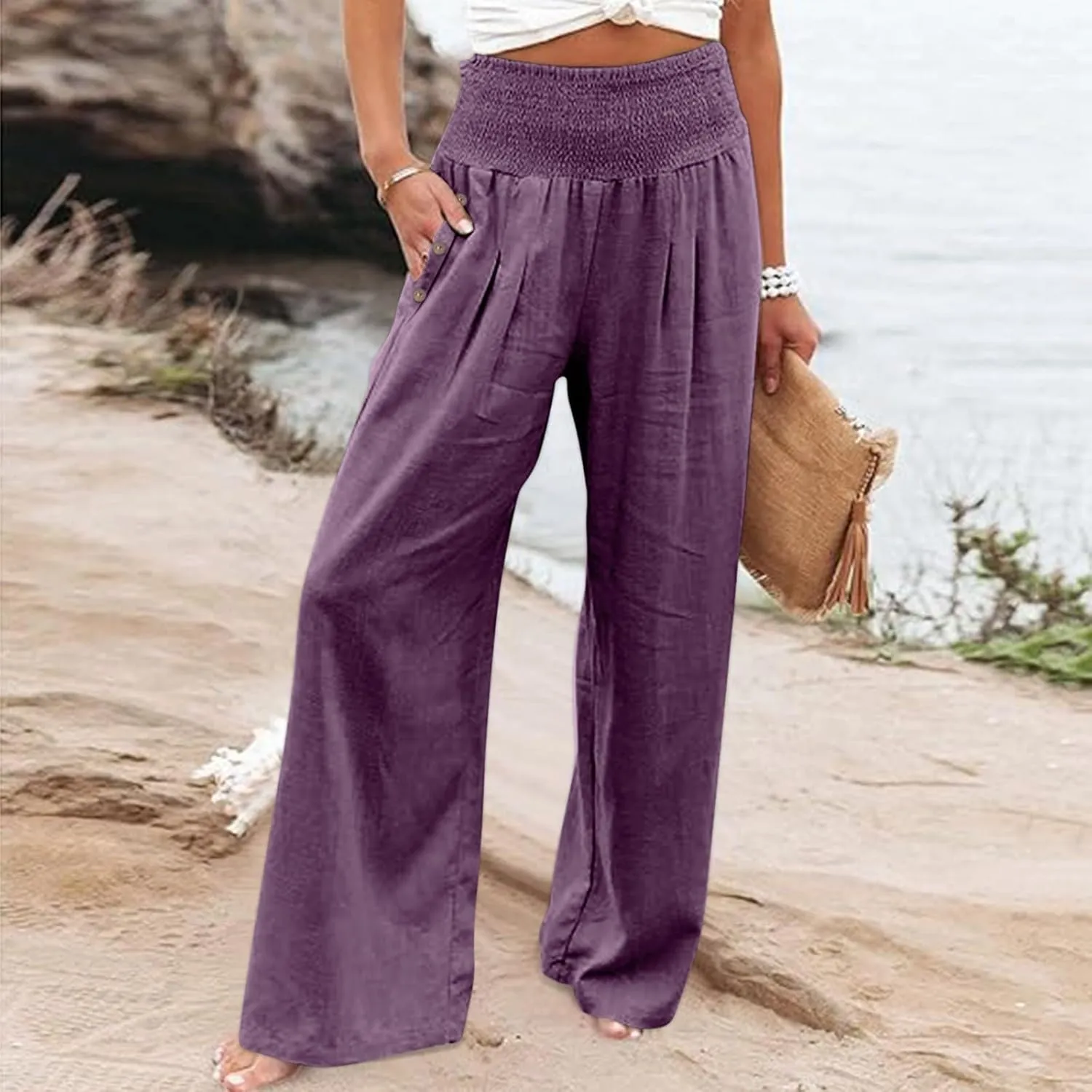 Women Beach Linen Pant Trendy Wide Leg Hawaiian Joggers Boho Flowy Trouser Office Work Relax Fit Palazzo Casual Pants