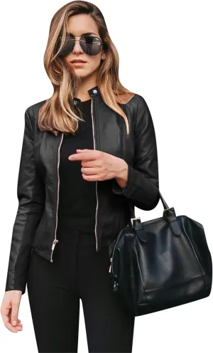 Women Button Collar Motorcycle Jackets Plus Size Faux Leather Biker Outwear Short Zip Up Moto Coat