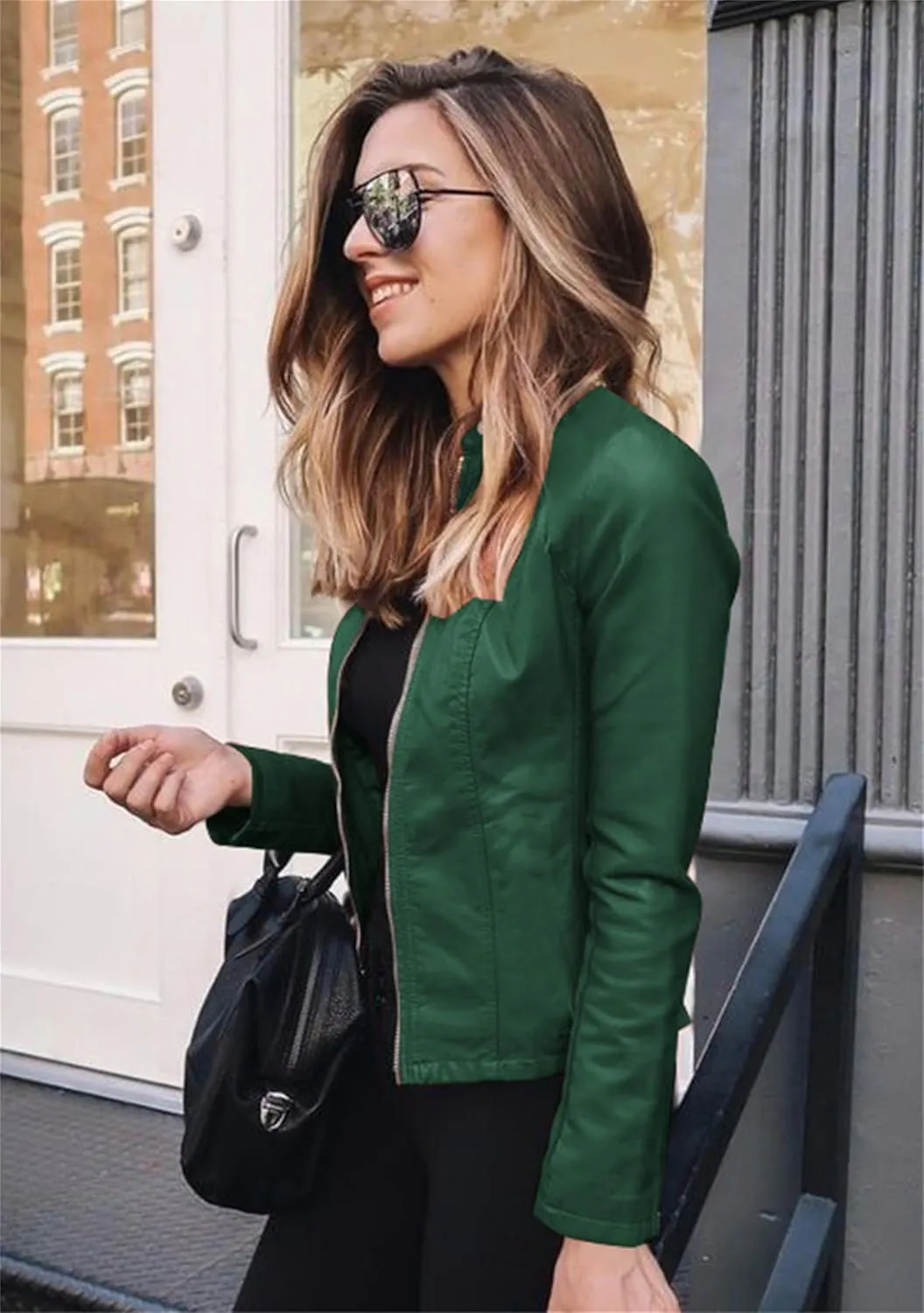 Women Button Collar Motorcycle Jackets Plus Size Faux Leather Biker Outwear Short Zip Up Moto Coat