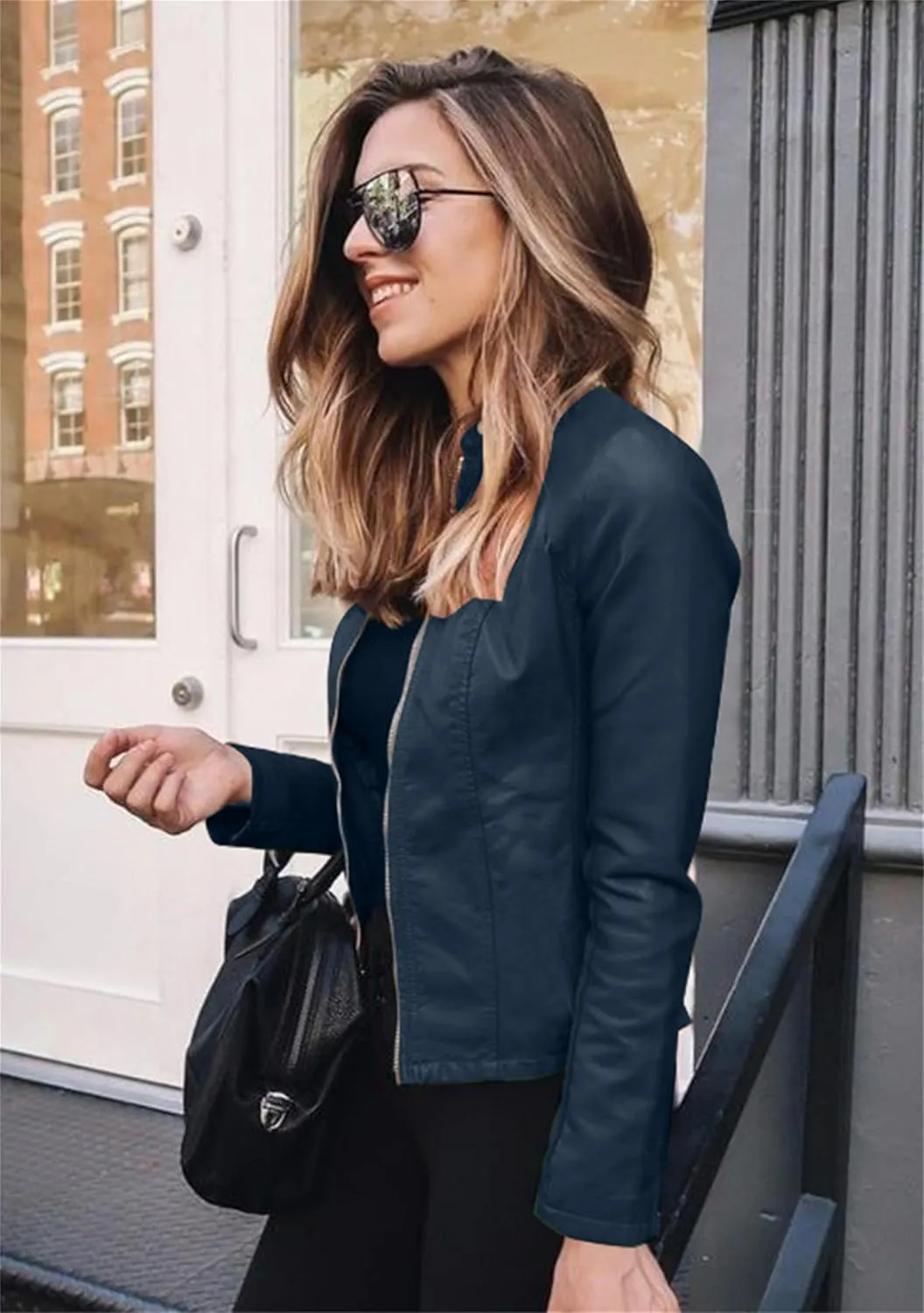 Women Button Collar Motorcycle Jackets Plus Size Faux Leather Biker Outwear Short Zip Up Moto Coat