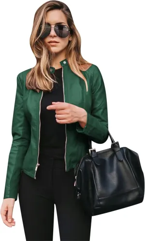 Women Button Collar Motorcycle Jackets Plus Size Faux Leather Biker Outwear Short Zip Up Moto Coat
