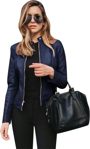 Women Button Collar Motorcycle Jackets Plus Size Faux Leather Biker Outwear Short Zip Up Moto Coat