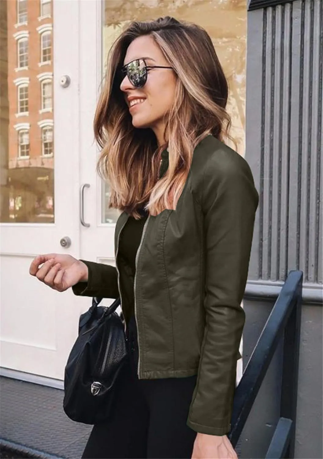 Women Button Collar Motorcycle Jackets Plus Size Faux Leather Biker Outwear Short Zip Up Moto Coat