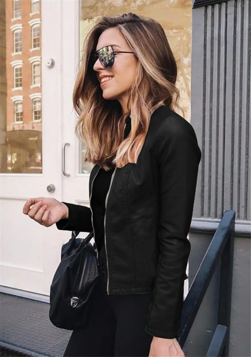 Women Button Collar Motorcycle Jackets Plus Size Faux Leather Biker Outwear Short Zip Up Moto Coat