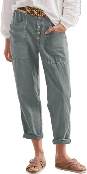 Women Button Linen Pant Trendy Straight Leg High Waisted Roll-up Leg Pockets Trousers Street Hip Hop Y2K Casual Pants