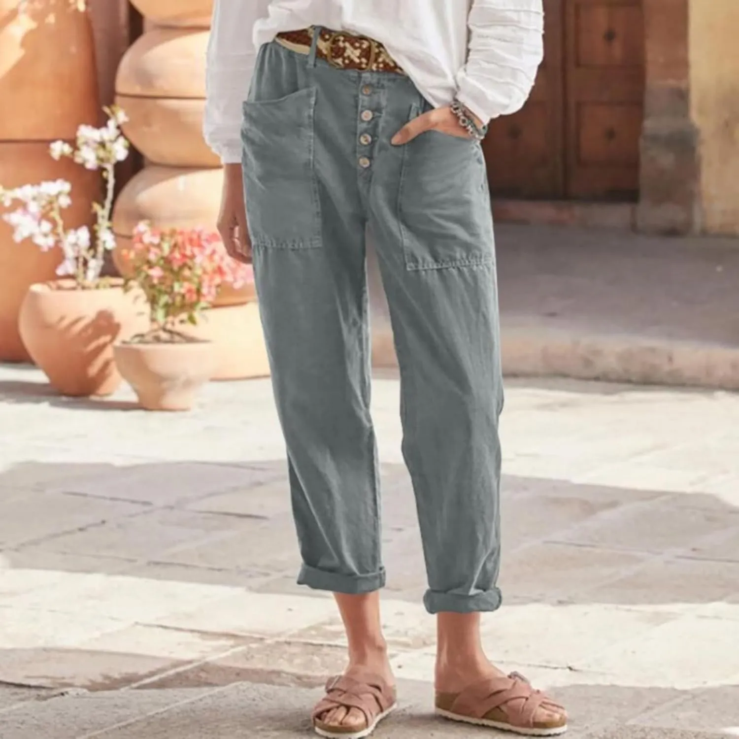 Women Button Linen Pant Trendy Straight Leg High Waisted Roll-up Leg Pockets Trousers Street Hip Hop Y2K Casual Pants