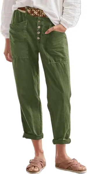 Women Button Linen Pant Trendy Straight Leg High Waisted Roll-up Leg Pockets Trousers Street Hip Hop Y2K Casual Pants