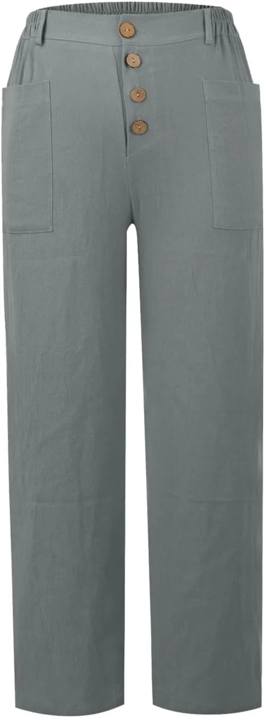 Women Button Linen Pant Trendy Straight Leg High Waisted Roll-up Leg Pockets Trousers Street Hip Hop Y2K Casual Pants