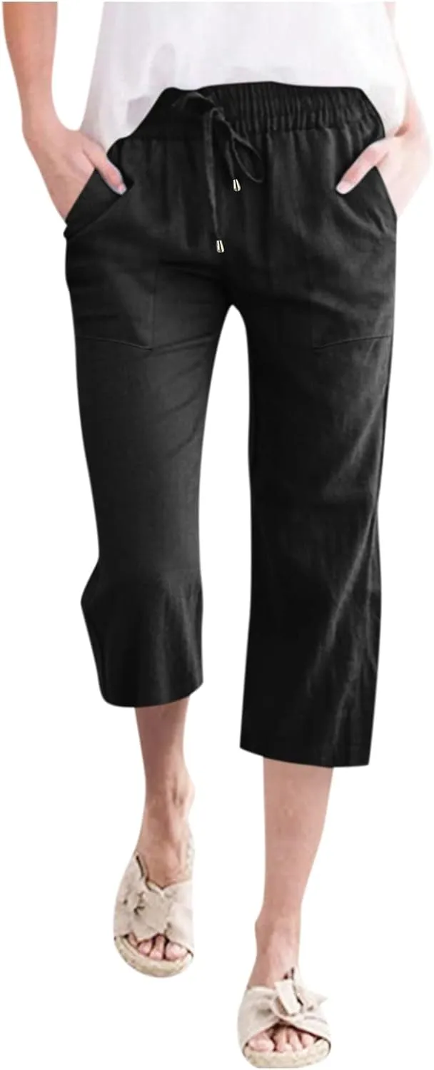 Women Capri Pants for Summer Pants Fashion Drawstring Elastic Trousers Comfy Straight Leg Capri Pants for Women