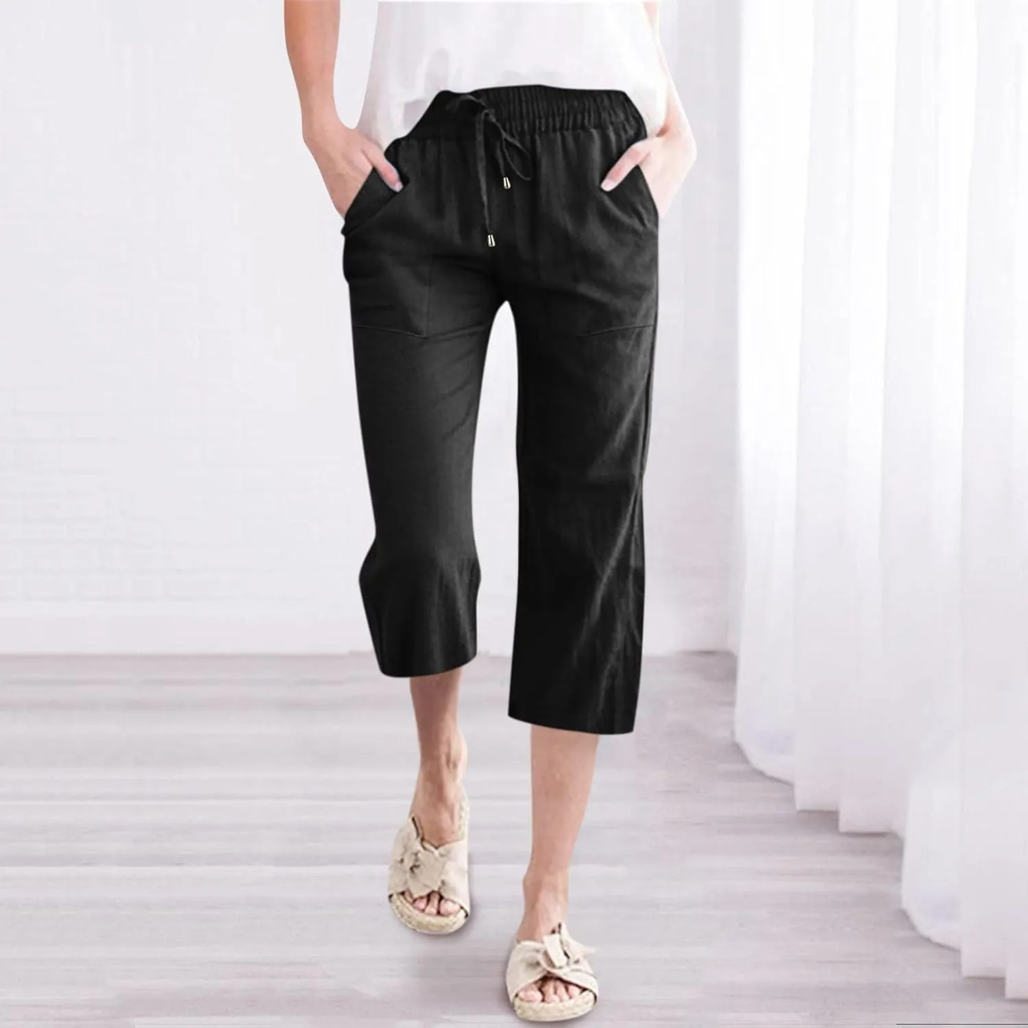 Women Capri Pants for Summer Pants Fashion Drawstring Elastic Trousers Comfy Straight Leg Capri Pants for Women
