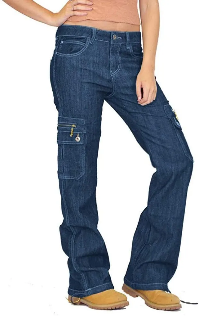 Women Cargo Jeans Street Hip Hop Y2K Multi-Pocket Palazzo Trendy Denim Pant Belt Button Zipper Casual Streetwear Pant