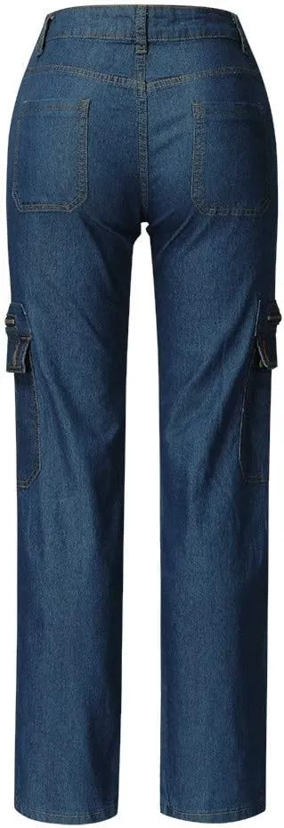 Women Cargo Jeans Street Hip Hop Y2K Multi-Pocket Palazzo Trendy Denim Pant Belt Button Zipper Casual Streetwear Pant
