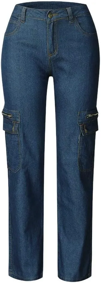 Women Cargo Jeans Street Hip Hop Y2K Multi-Pocket Palazzo Trendy Denim Pant Belt Button Zipper Casual Streetwear Pant