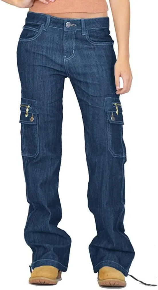 Women Cargo Jeans Street Hip Hop Y2K Multi-Pocket Palazzo Trendy Denim Pant Belt Button Zipper Casual Streetwear Pant