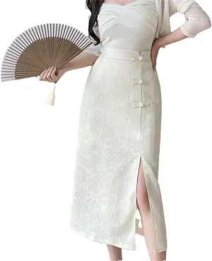 Women Elegant Button Mid Length High Waist Solid Color Side Split Casual Skirts