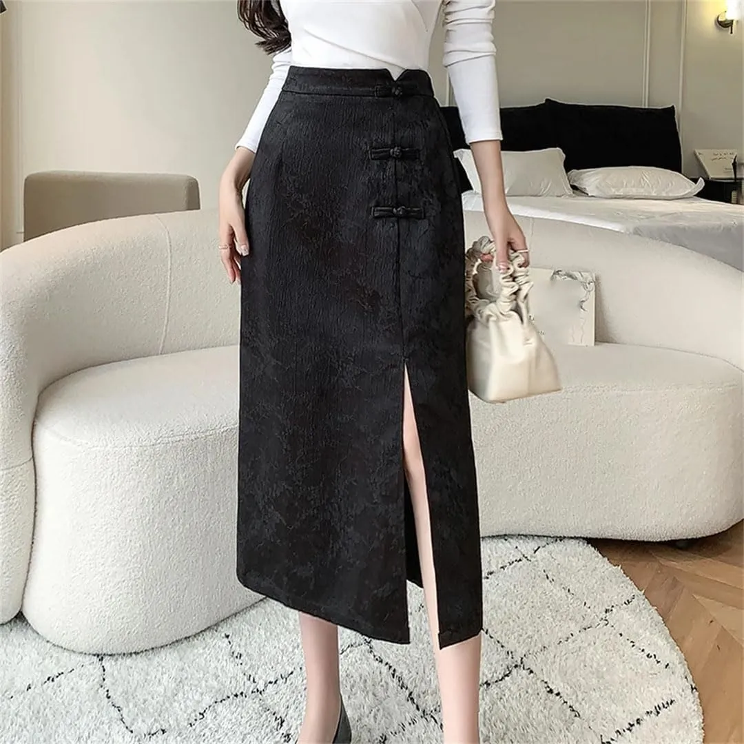 Women Elegant Button Mid Length High Waist Solid Color Side Split Casual Skirts