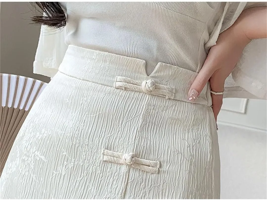 Women Elegant Button Mid Length High Waist Solid Color Side Split Casual Skirts