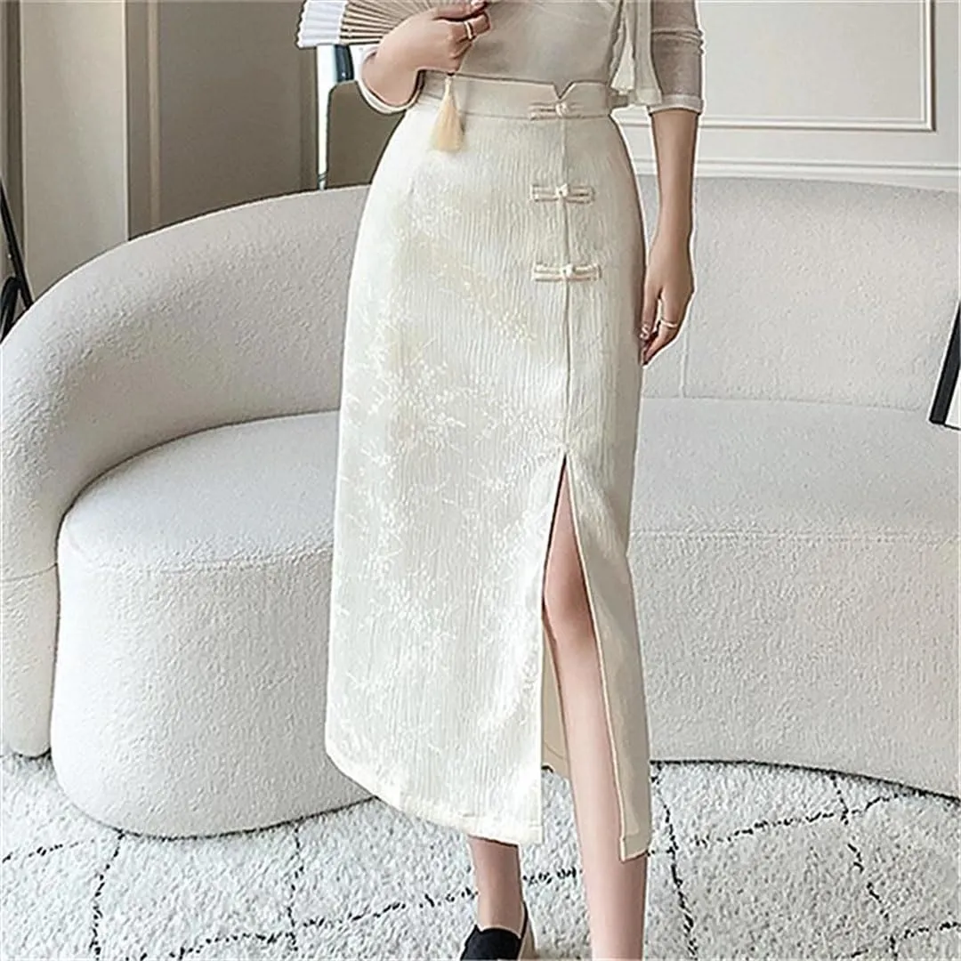 Women Elegant Button Mid Length High Waist Solid Color Side Split Casual Skirts