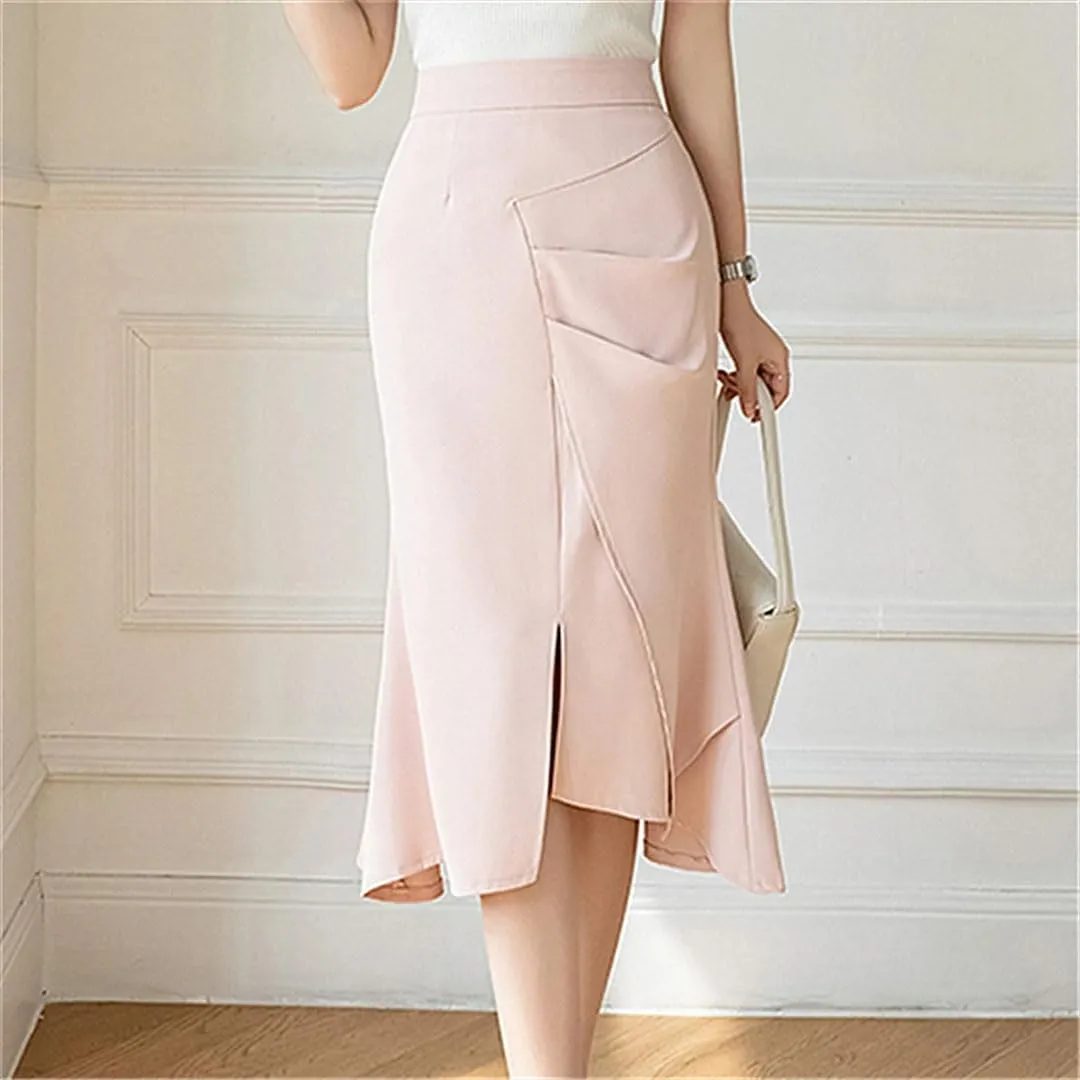 Women Elegant Solid Patchwork Pleated Design High Waist Wrapped Fishtail Skirts