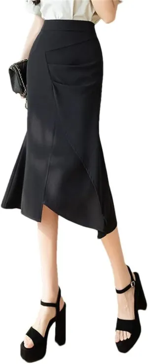 Women Elegant Solid Patchwork Pleated Design High Waist Wrapped Fishtail Skirts