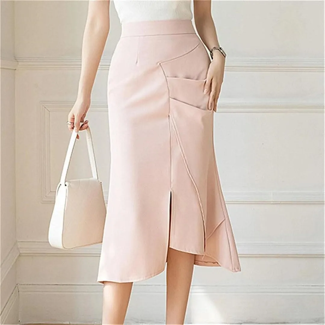 Women Elegant Solid Patchwork Pleated Design High Waist Wrapped Fishtail Skirts