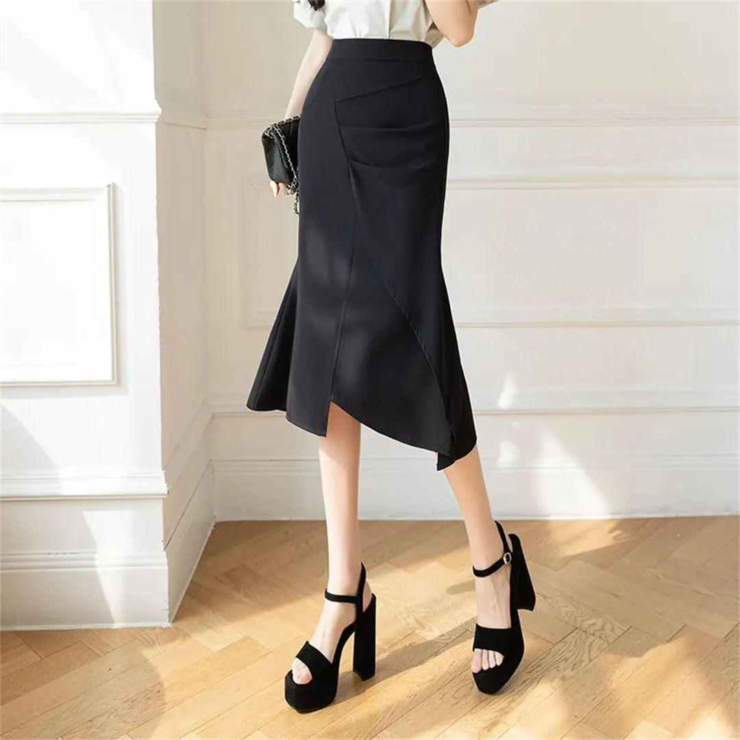 Women Elegant Solid Patchwork Pleated Design High Waist Wrapped Fishtail Skirts