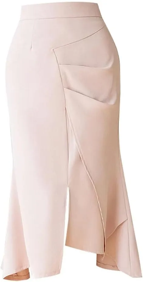 Women Elegant Solid Patchwork Pleated Design High Waist Wrapped Fishtail Skirts