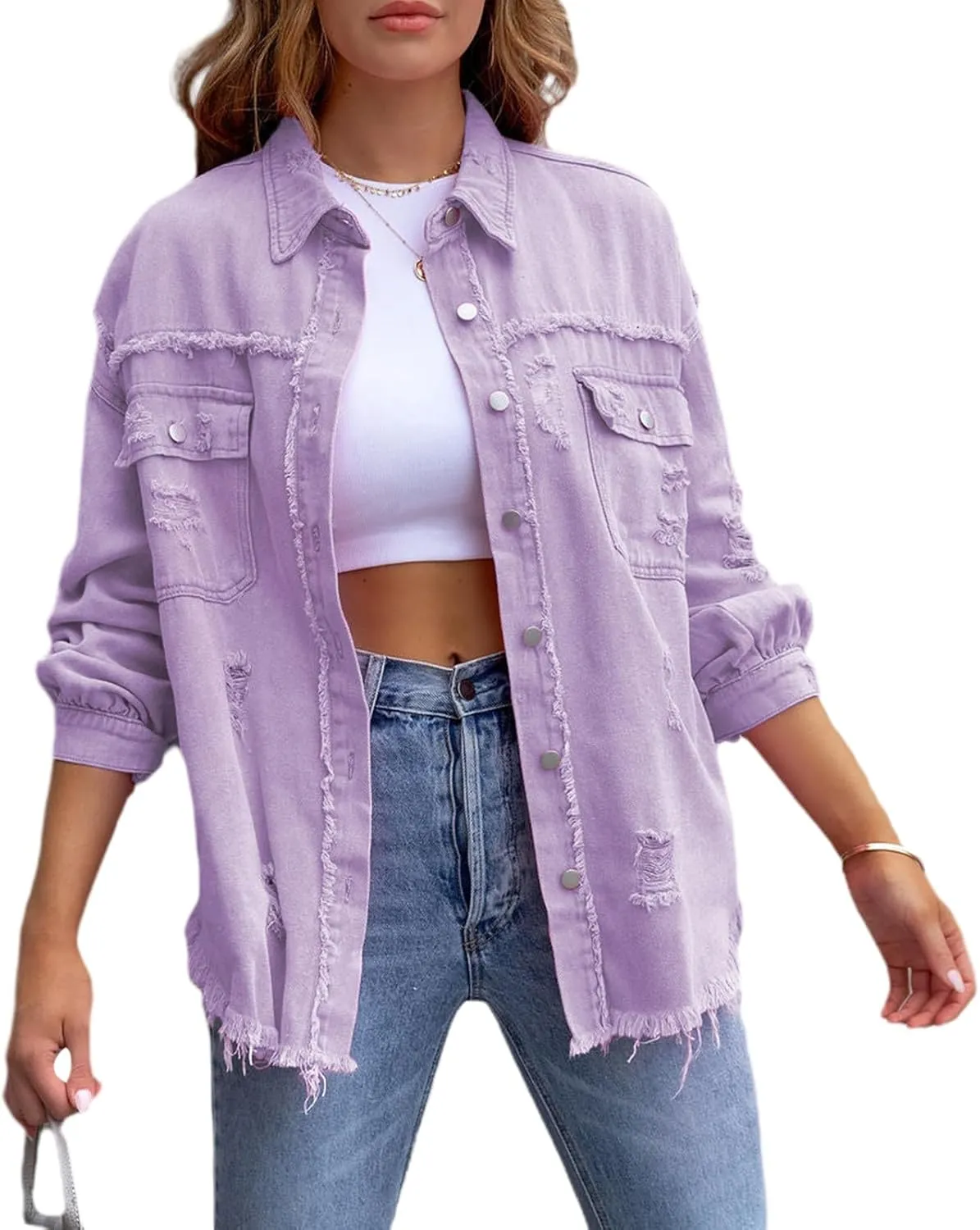 Women Fall Denim Jacket Button Down Jean Shirts Ripped Distressed Outerwear Boyfriend Trucker Coat