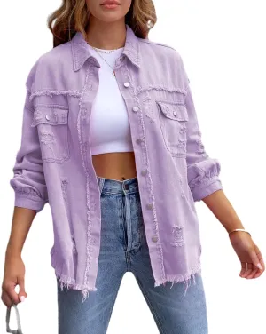 Women Fall Denim Jacket Button Down Jean Shirts Ripped Distressed Outerwear Boyfriend Trucker Coat