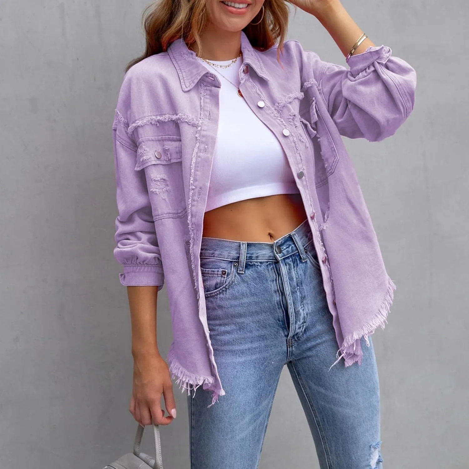 Women Fall Denim Jacket Button Down Jean Shirts Ripped Distressed Outerwear Boyfriend Trucker Coat