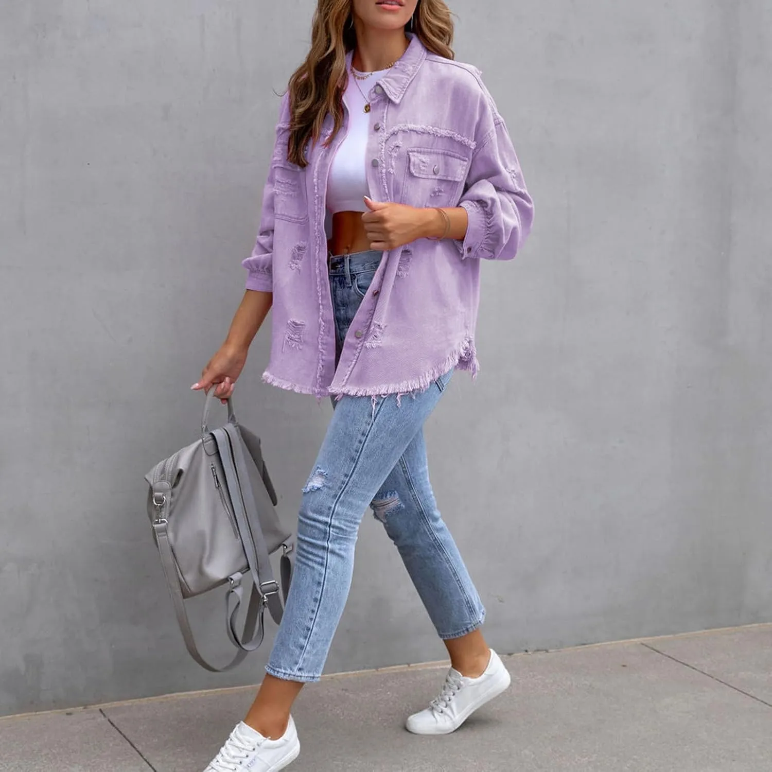 Women Fall Denim Jacket Button Down Jean Shirts Ripped Distressed Outerwear Boyfriend Trucker Coat
