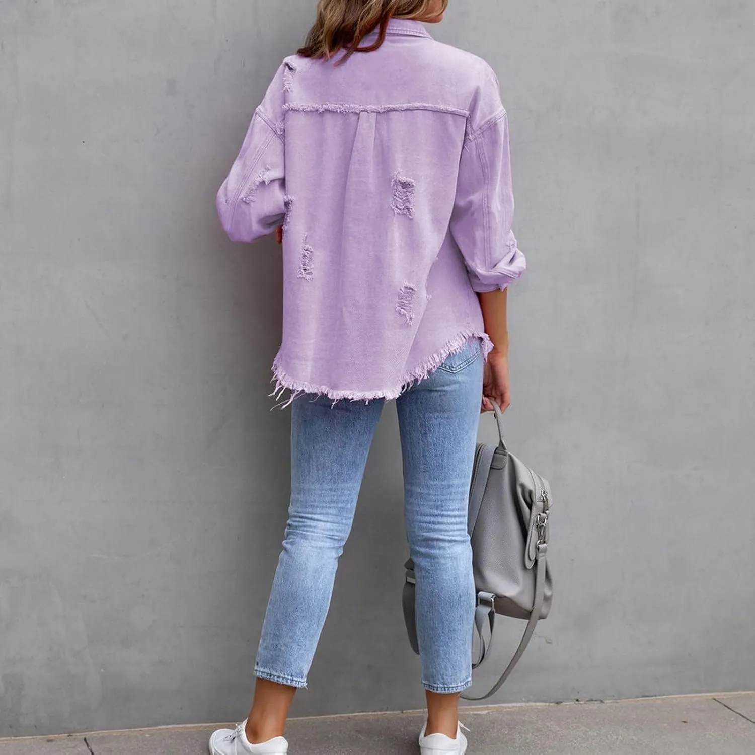 Women Fall Denim Jacket Button Down Jean Shirts Ripped Distressed Outerwear Boyfriend Trucker Coat