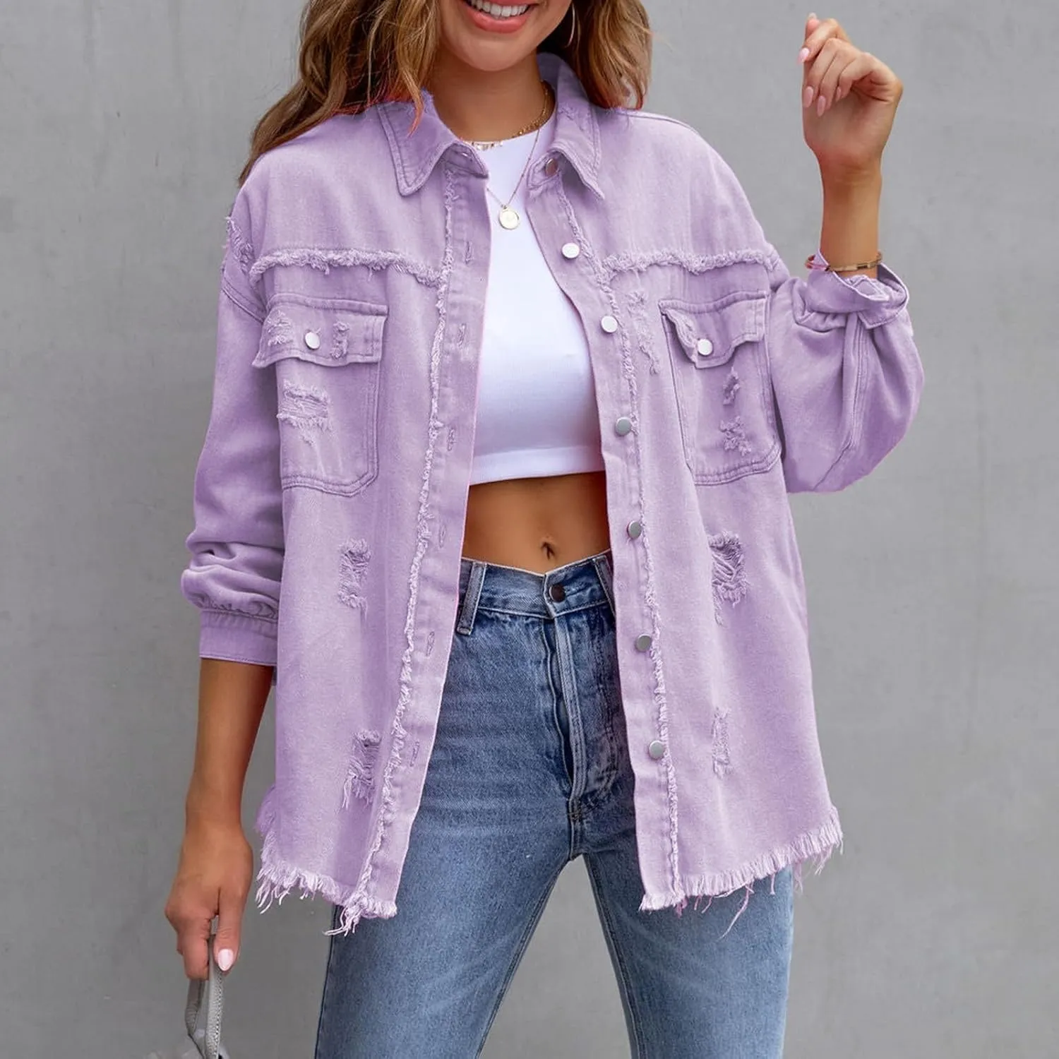 Women Fall Denim Jacket Button Down Jean Shirts Ripped Distressed Outerwear Boyfriend Trucker Coat