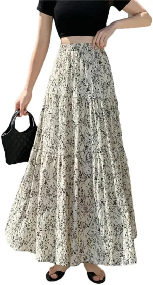 Women Folds Chiffon Floral for Elastic High Waist Midi Length Beach A-Line Skirts